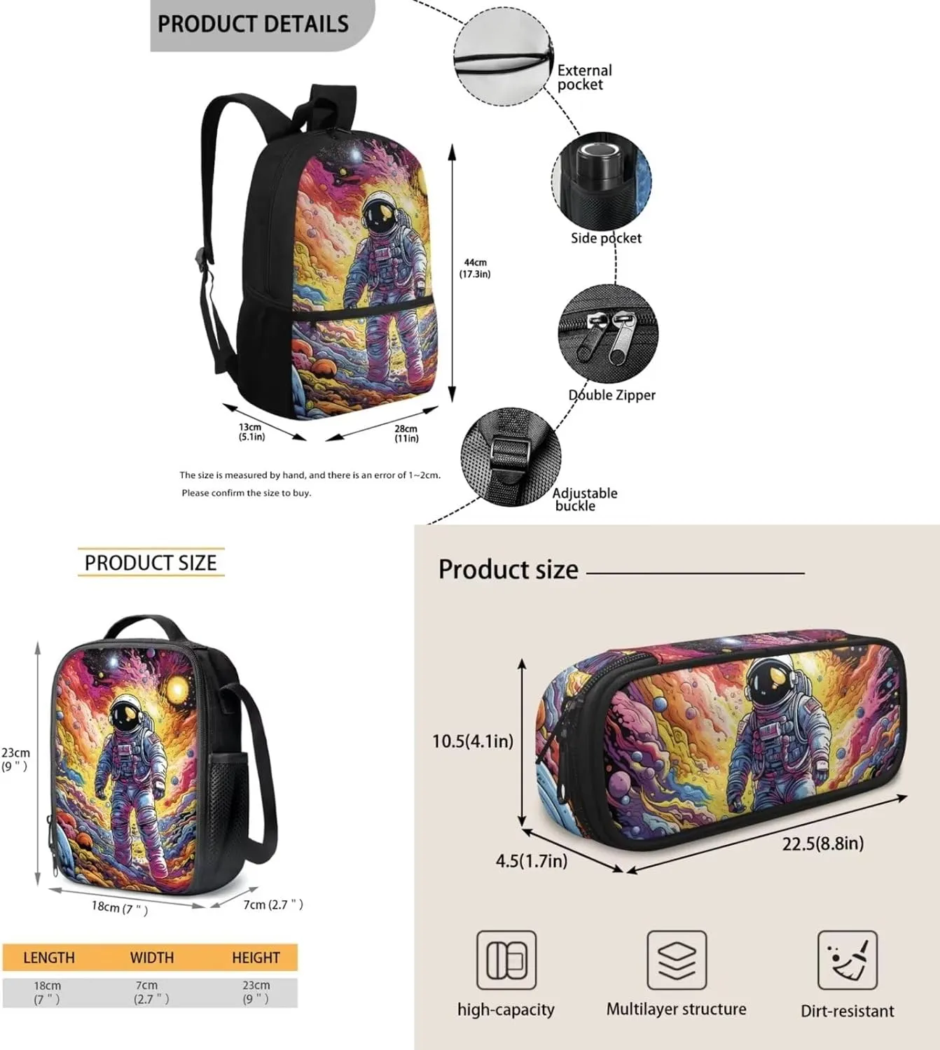 Teen Girls School Backpack Kids Bookbag Lightweight Travel Laptop Backpack Stylish Casual Daypack Reusable Thermal Cooler Leakproof Insulated Lunch Bag Cartoon Astronaut-2
