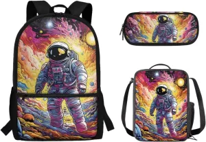 Teen Girls School Backpack Kids Bookbag Lightweight Travel Laptop Backpack Stylish Casual Daypack Reusable Thermal Cooler Leakproof Insulated Lunch Bag Cartoon Astronaut-2
