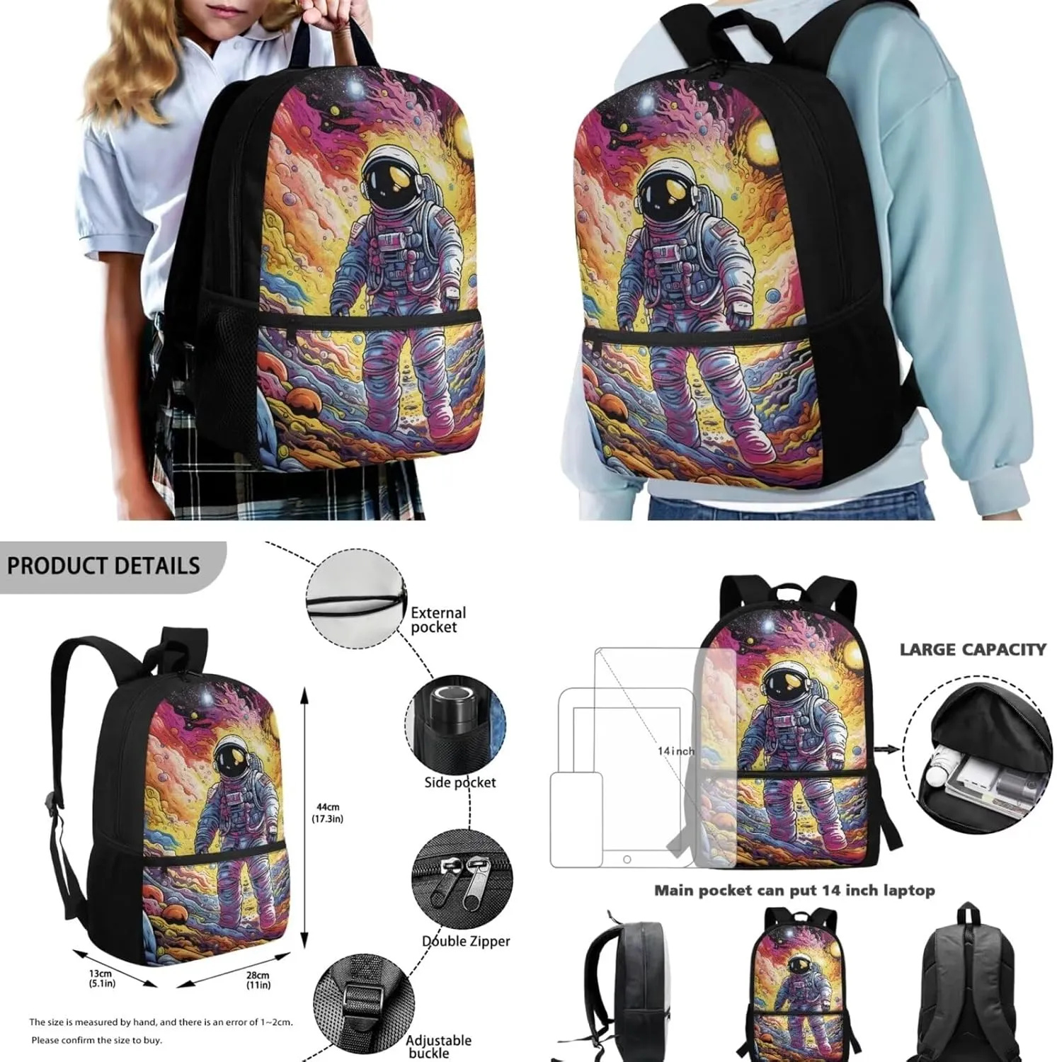 Teen Girls School Backpack Kids Bookbag Lightweight Travel Laptop Backpack Stylish Casual Daypack Reusable Thermal Cooler Leakproof Insulated Lunch Bag Cartoon Astronaut-2