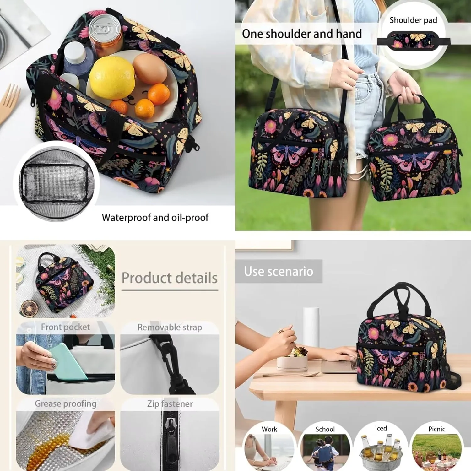 Teen Girls School Backpack Kids Bookbag Lightweight Travel Laptop Backpack Stylish Casual Daypack Reusable Thermal Cooler Leakproof Insulated Lunch Bag Cartoon Butterfly
