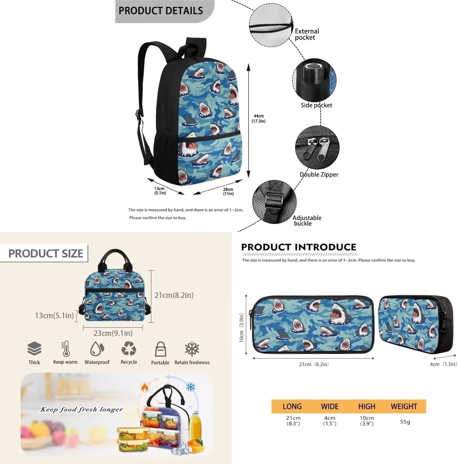 Teen Girls School Backpack Kids Bookbag Lightweight Travel Laptop Backpack Stylish Casual Daypack Reusable Thermal Cooler Leakproof Insulated Lunch Bag Cartoon Shark