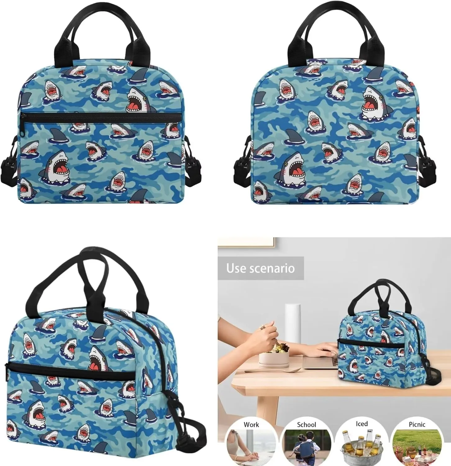 Teen Girls School Backpack Kids Bookbag Lightweight Travel Laptop Backpack Stylish Casual Daypack Reusable Thermal Cooler Leakproof Insulated Lunch Bag Cartoon Shark