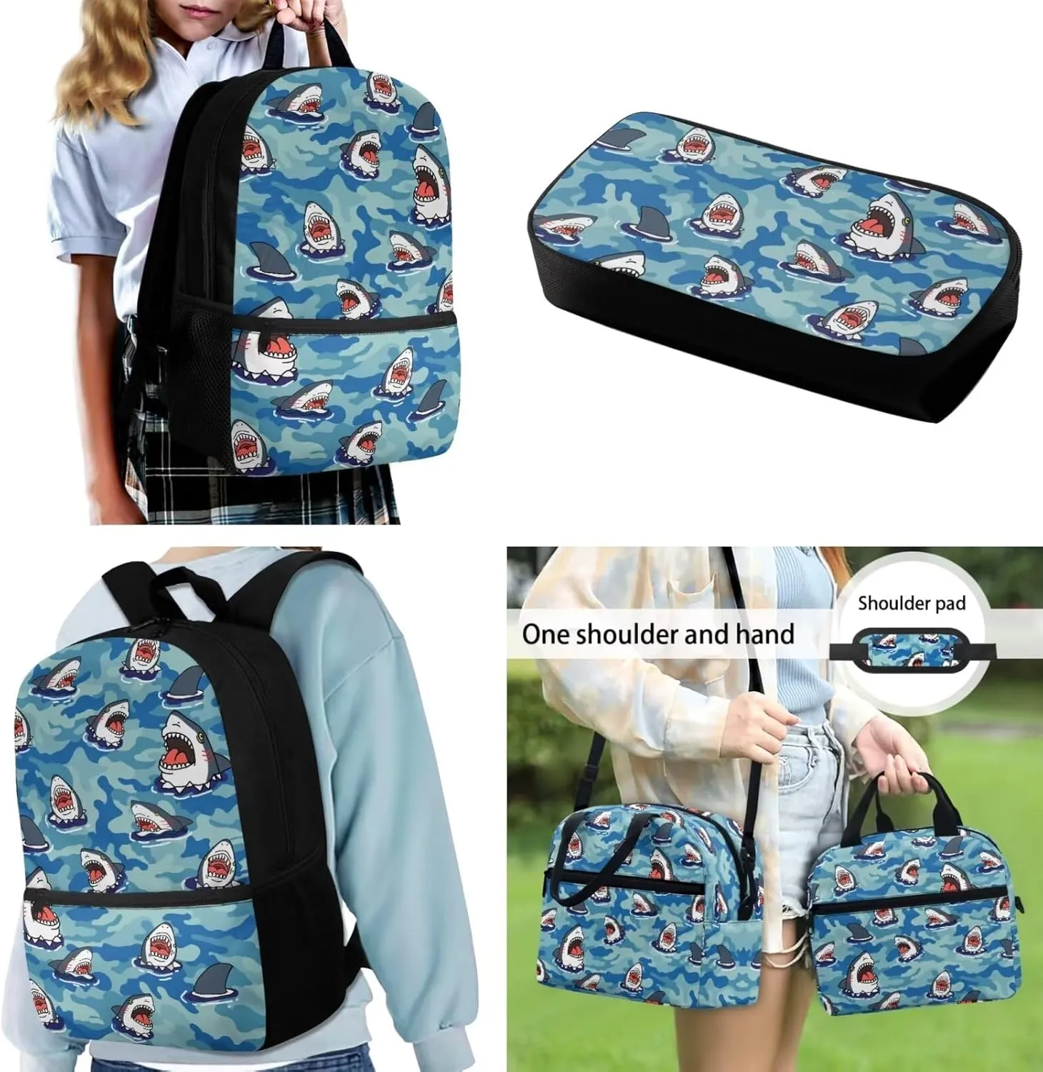 Teen Girls School Backpack Kids Bookbag Lightweight Travel Laptop Backpack Stylish Casual Daypack Reusable Thermal Cooler Leakproof Insulated Lunch Bag Cartoon Shark