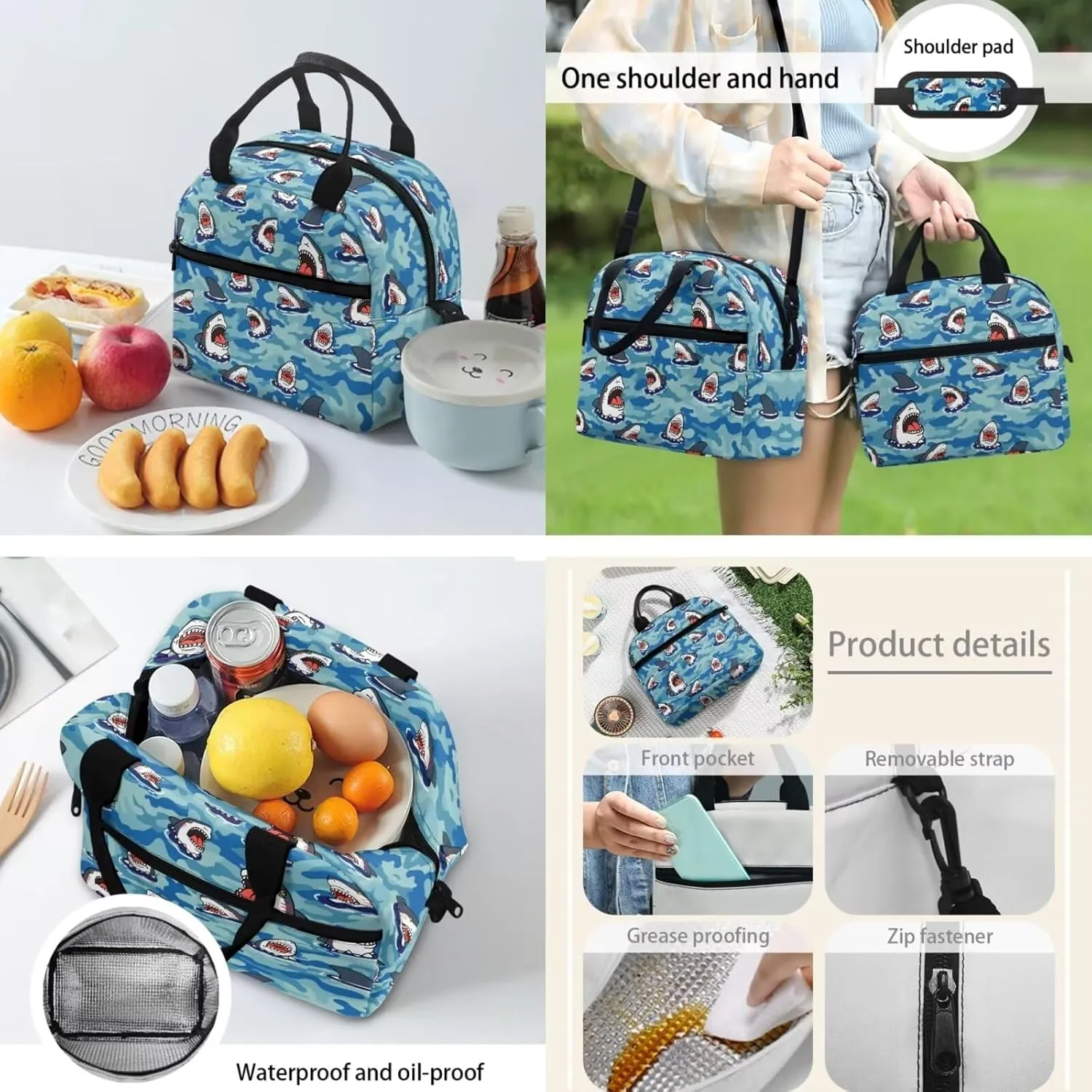 Teen Girls School Backpack Kids Bookbag Lightweight Travel Laptop Backpack Stylish Casual Daypack Reusable Thermal Cooler Leakproof Insulated Lunch Bag Cartoon Shark