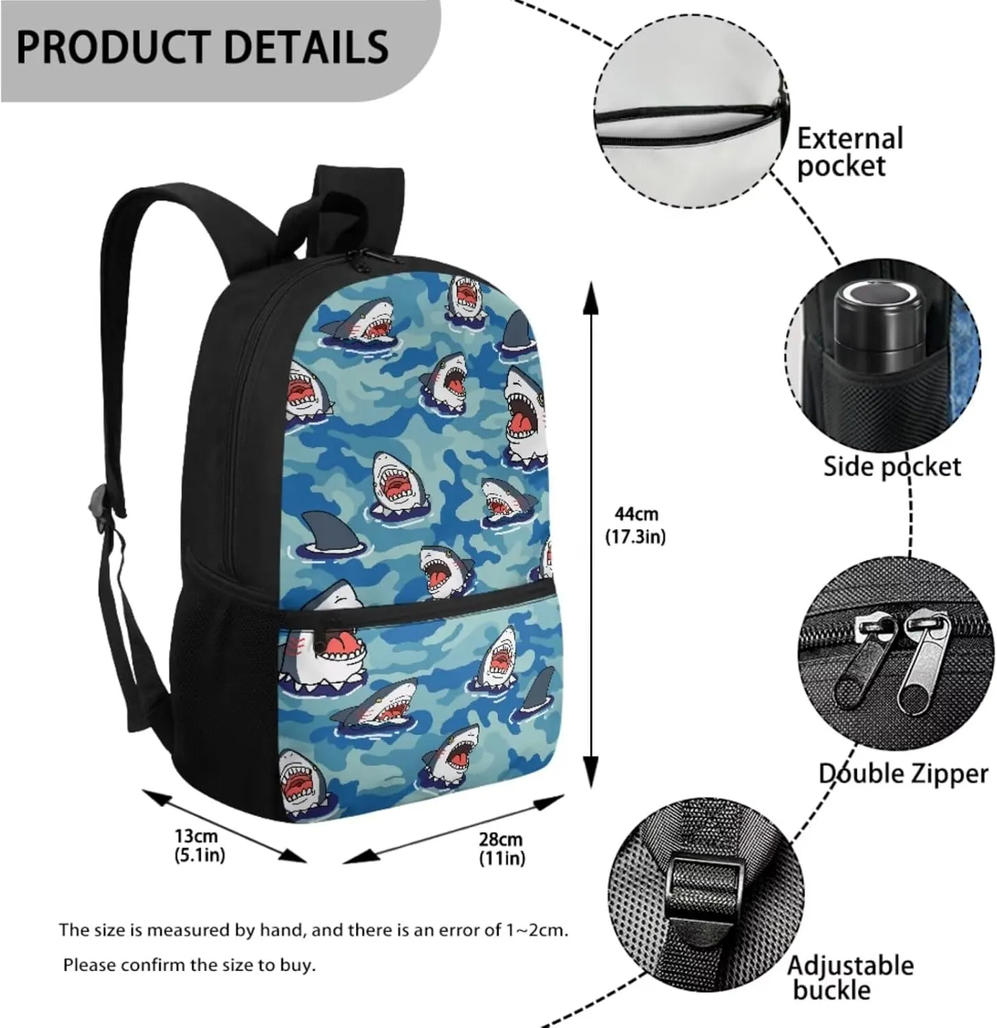 Teen Girls School Backpack Kids Bookbag Lightweight Travel Laptop Backpack Stylish Casual Daypack Reusable Thermal Cooler Leakproof Insulated Lunch Bag Cartoon Shark