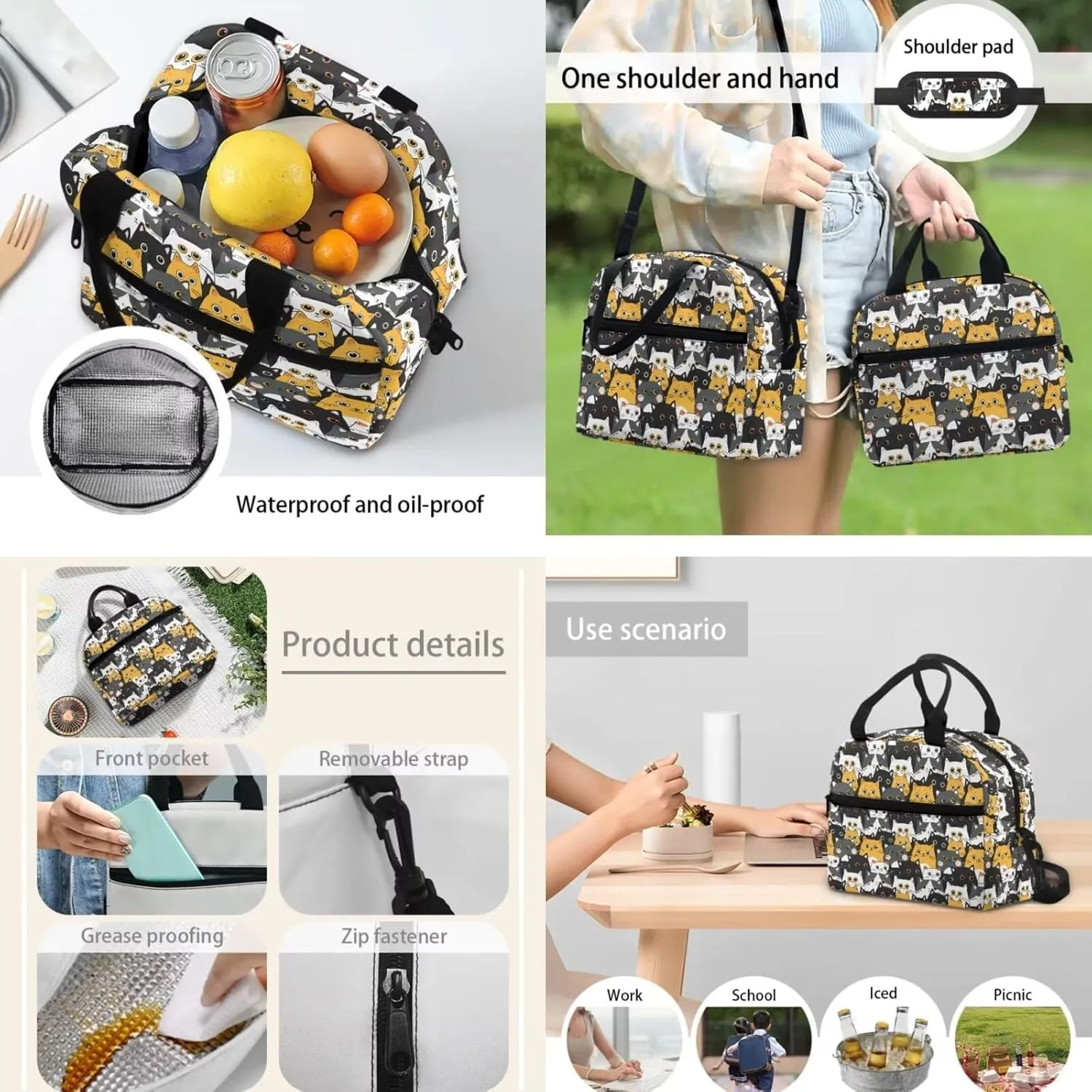 Teen Girls School Backpack Kids Bookbag Lightweight Travel Laptop Backpack Stylish Casual Daypack Reusable Thermal Cooler Leakproof Insulated Lunch Bag Cat Park