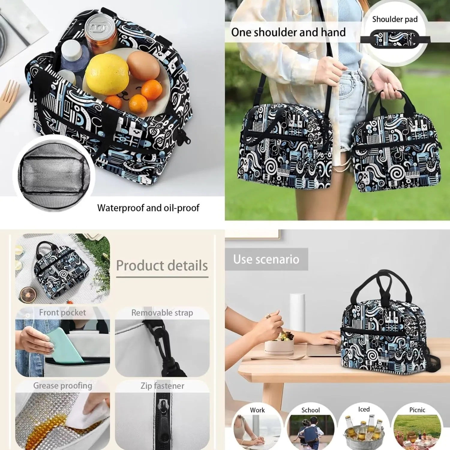 Teen Girls School Backpack Kids Bookbag Lightweight Travel Laptop Backpack Stylish Casual Daypack Reusable Thermal Cooler Leakproof Insulated Lunch Bag Musical Note