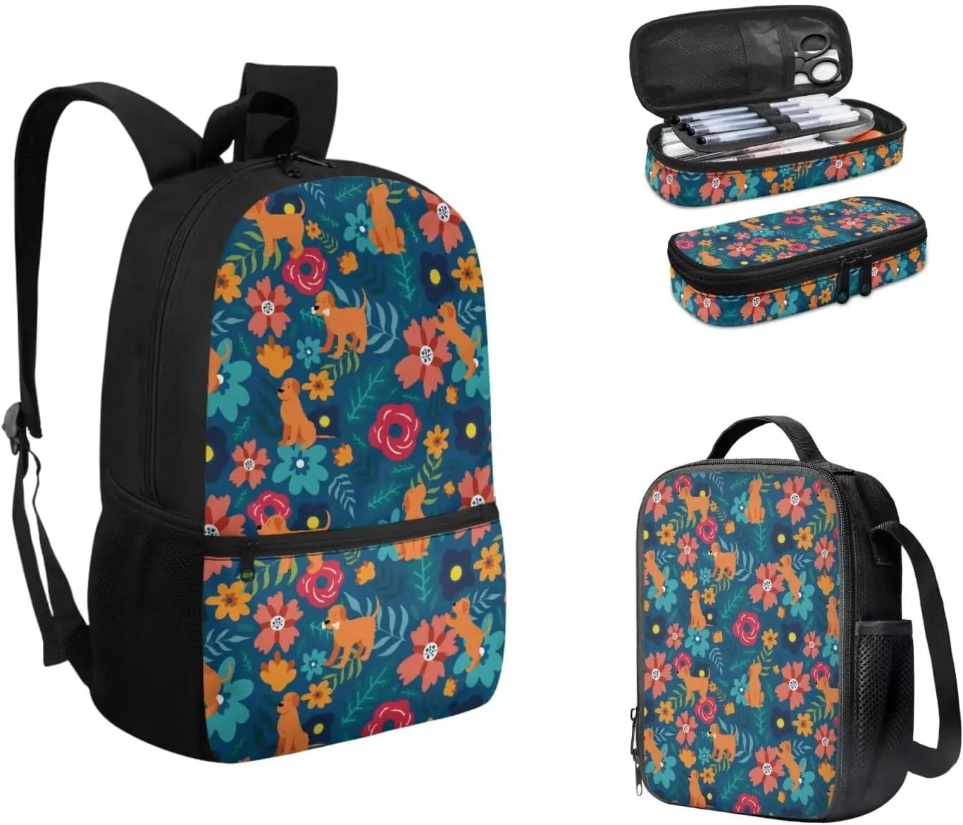 Teen Girls School Backpack Kids Bookbag Lightweight Travel Laptop Backpack Stylish Casual Daypack Reusable Thermal Cooler Leakproof Insulated Lunch Bag Puppy and Floral-2