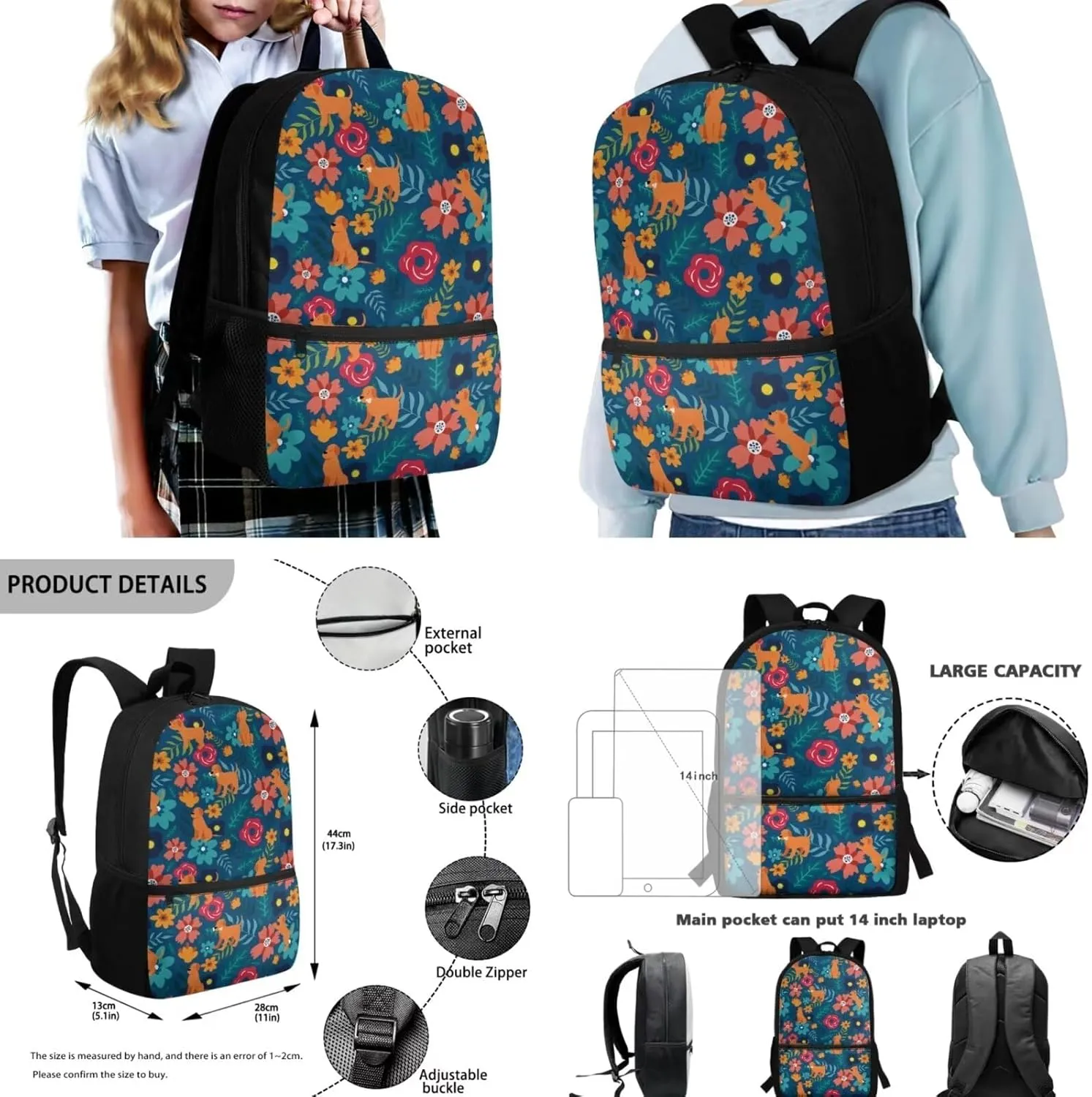 Teen Girls School Backpack Kids Bookbag Lightweight Travel Laptop Backpack Stylish Casual Daypack Reusable Thermal Cooler Leakproof Insulated Lunch Bag Puppy and Floral-2