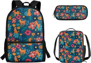 Teen Girls School Backpack Kids Bookbag Lightweight Travel Laptop Backpack Stylish Casual Daypack Reusable Thermal Cooler Leakproof Insulated Lunch Bag Puppy and Floral-2