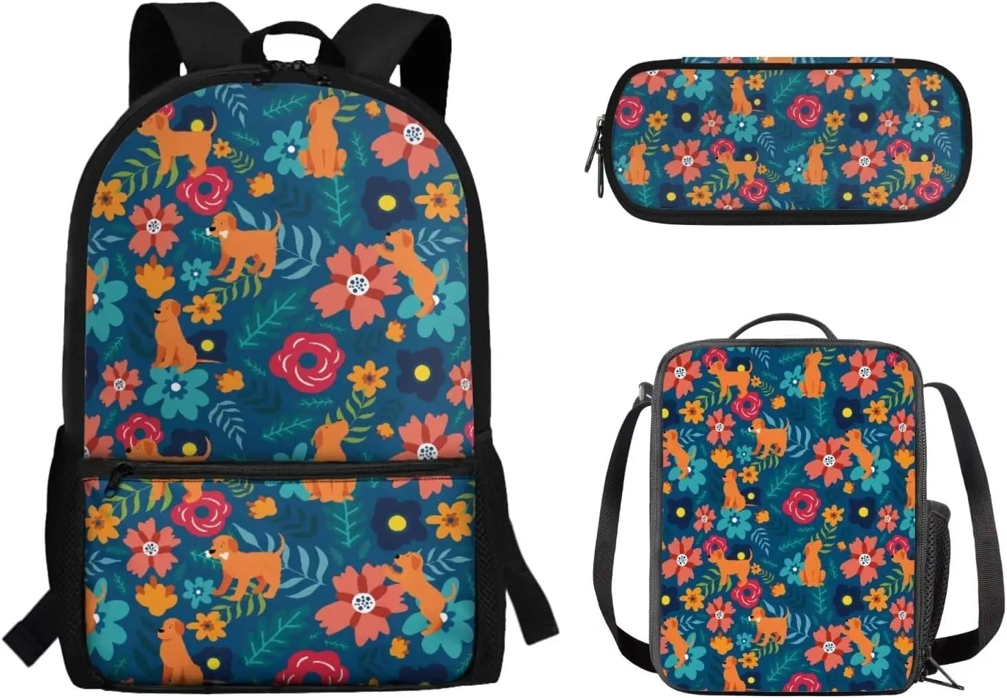 Teen Girls School Backpack Kids Bookbag Lightweight Travel Laptop Backpack Stylish Casual Daypack Reusable Thermal Cooler Leakproof Insulated Lunch Bag Puppy and Floral-2