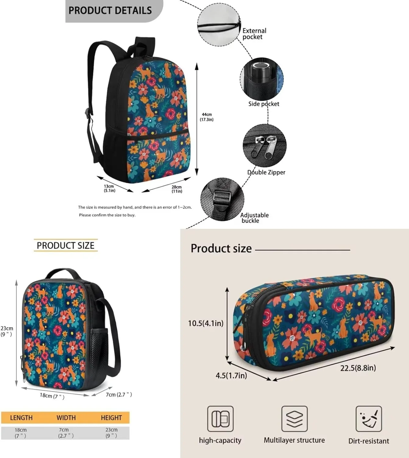 Teen Girls School Backpack Kids Bookbag Lightweight Travel Laptop Backpack Stylish Casual Daypack Reusable Thermal Cooler Leakproof Insulated Lunch Bag Puppy and Floral-2
