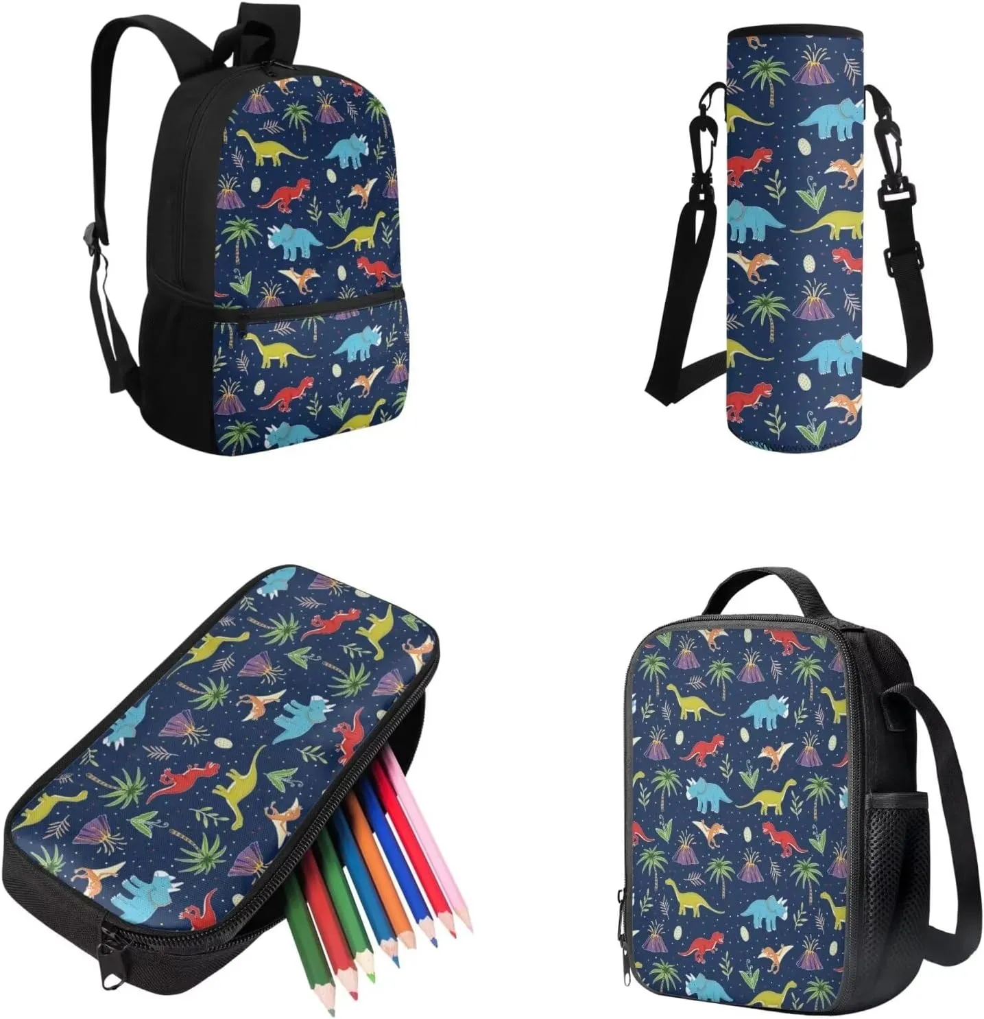 Teen Girls School Backpack Kids Bookbag Lightweight Travel Laptop Backpack Stylish Casual Daypack Reusable Thermal Leakproof Insulated Lunch Bag Water Cup Cover Cartoon Dinosaur