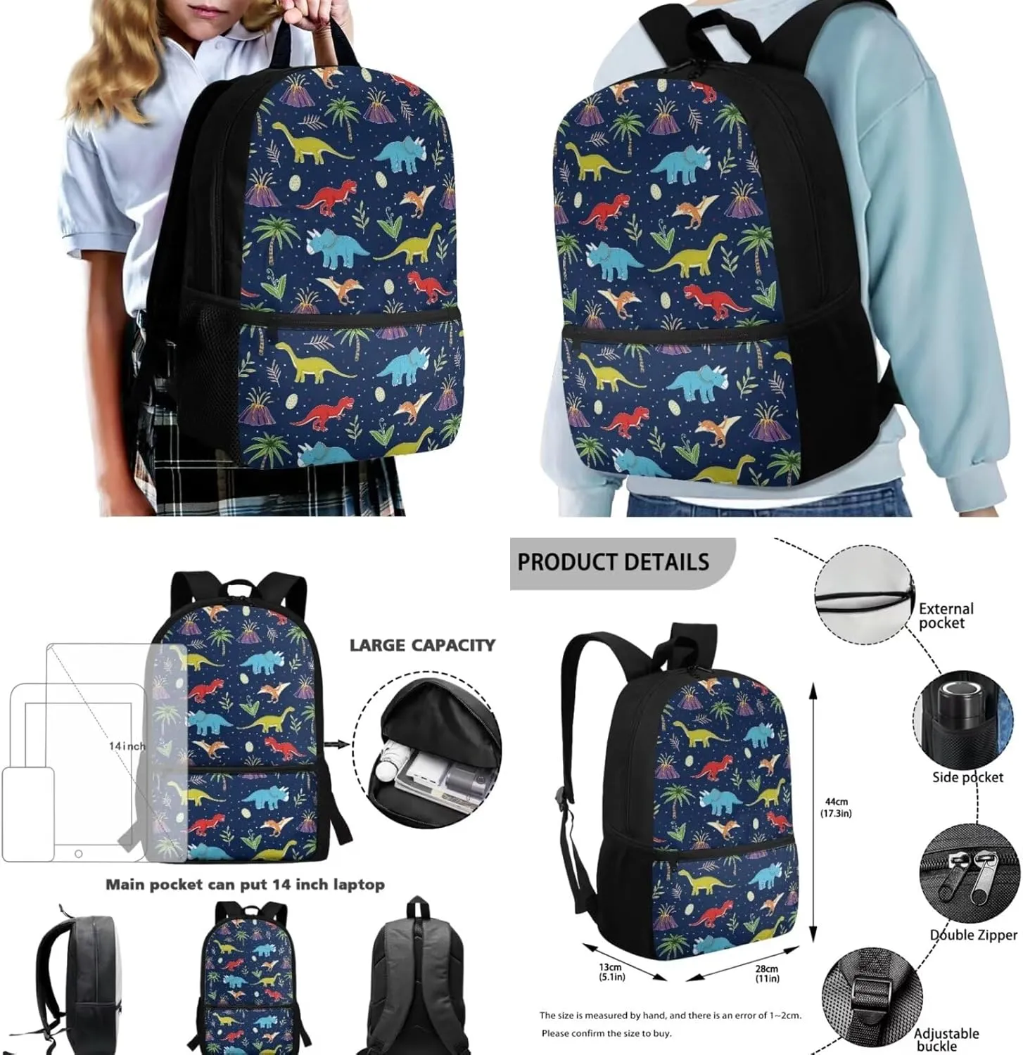 Teen Girls School Backpack Kids Bookbag Lightweight Travel Laptop Backpack Stylish Casual Daypack Reusable Thermal Leakproof Insulated Lunch Bag Water Cup Cover Cartoon Dinosaur