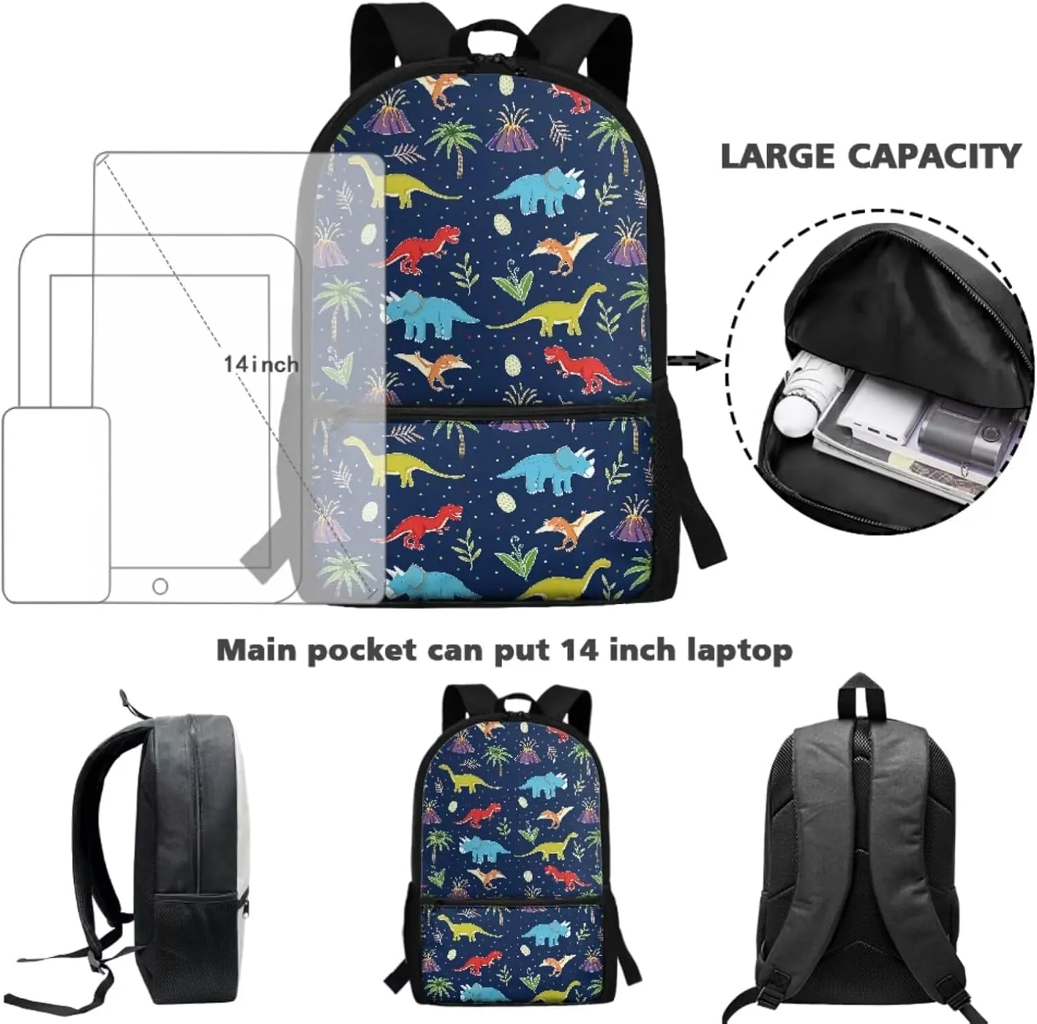 Teen Girls School Backpack Kids Bookbag Lightweight Travel Laptop Backpack Stylish Casual Daypack Reusable Thermal Leakproof Insulated Lunch Bag Water Cup Cover Cartoon Dinosaur
