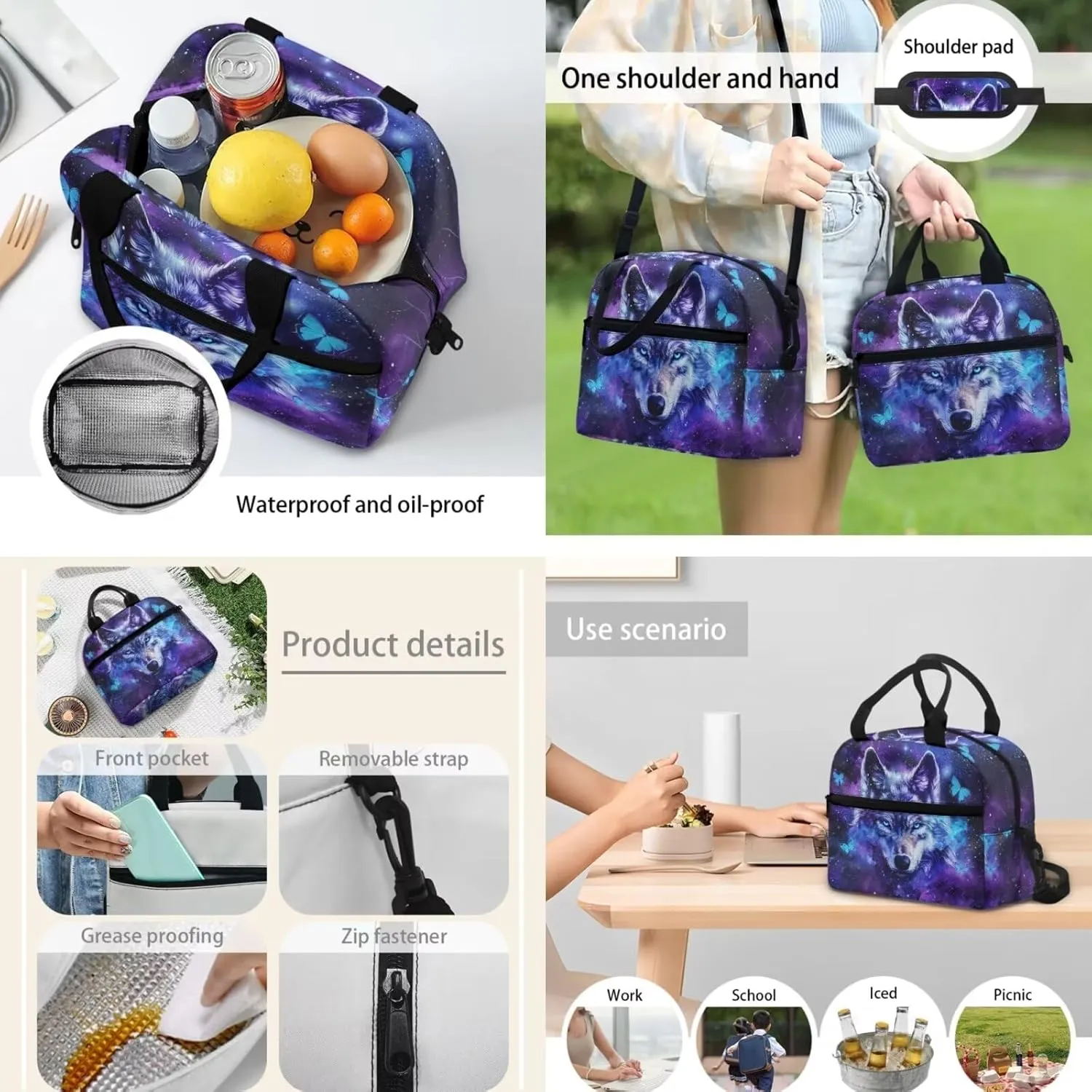 Teen School Backpack Kids Bookbag Lightweight Travel Laptop Backpack Stylish Casual Daypack Reusable Thermal Cooler Leakproof Insulated Lunch Bag Cartoon 3D Galaxy Wolf