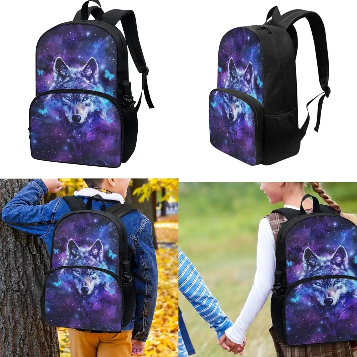 Teen School Backpack Kids Bookbag Lightweight Travel Laptop Backpack Stylish Casual Daypack Reusable Thermal Cooler Leakproof Insulated Lunch Bag Cartoon 3D Galaxy Wolf