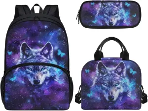 Teen School Backpack Kids Bookbag Lightweight Travel Laptop Backpack Stylish Casual Daypack Reusable Thermal Cooler Leakproof Insulated Lunch Bag Cartoon 3D Galaxy Wolf