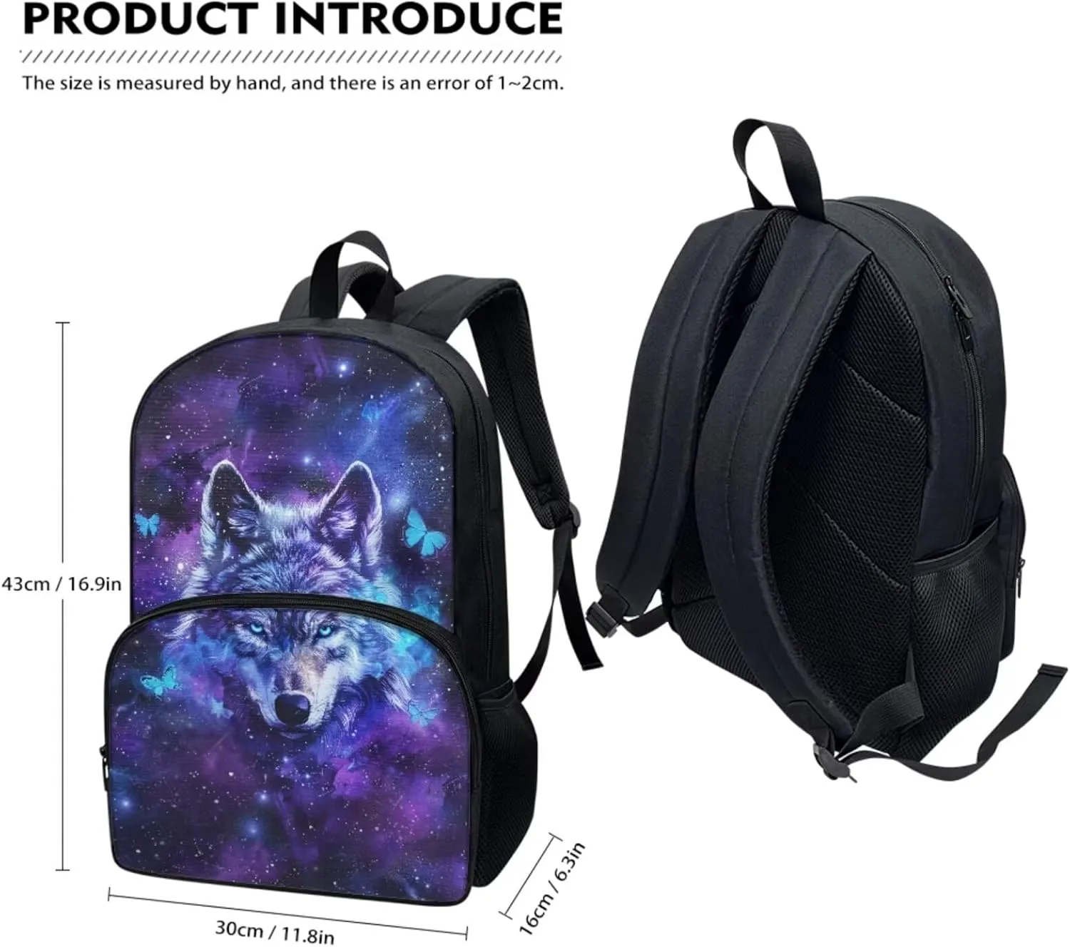 Teen School Backpack Kids Bookbag Lightweight Travel Laptop Backpack Stylish Casual Daypack Reusable Thermal Cooler Leakproof Insulated Lunch Bag Cartoon 3D Galaxy Wolf