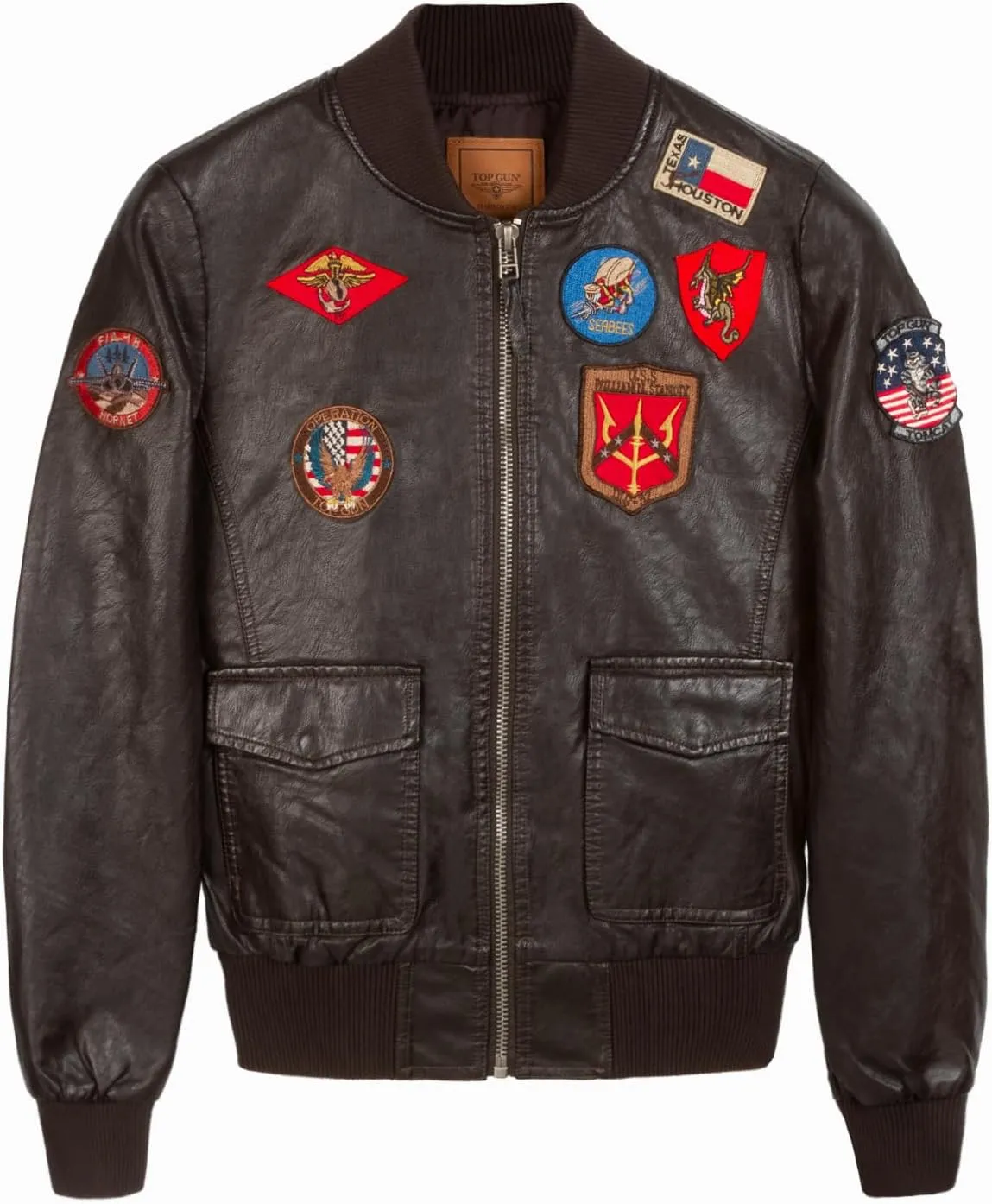 TOP GUN Womens Vegan Leather Bomber Jacket with Patches