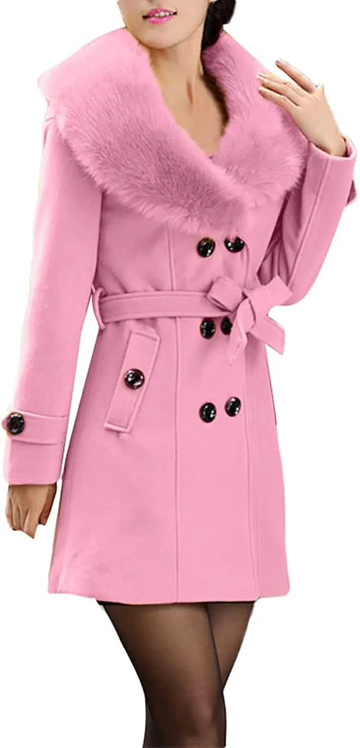 tuduoms Womens Double Breasted Trench Coat Classic Belted Long Pea Coat Elegant Notched Collar Wool Overcoat with Fur Collar
