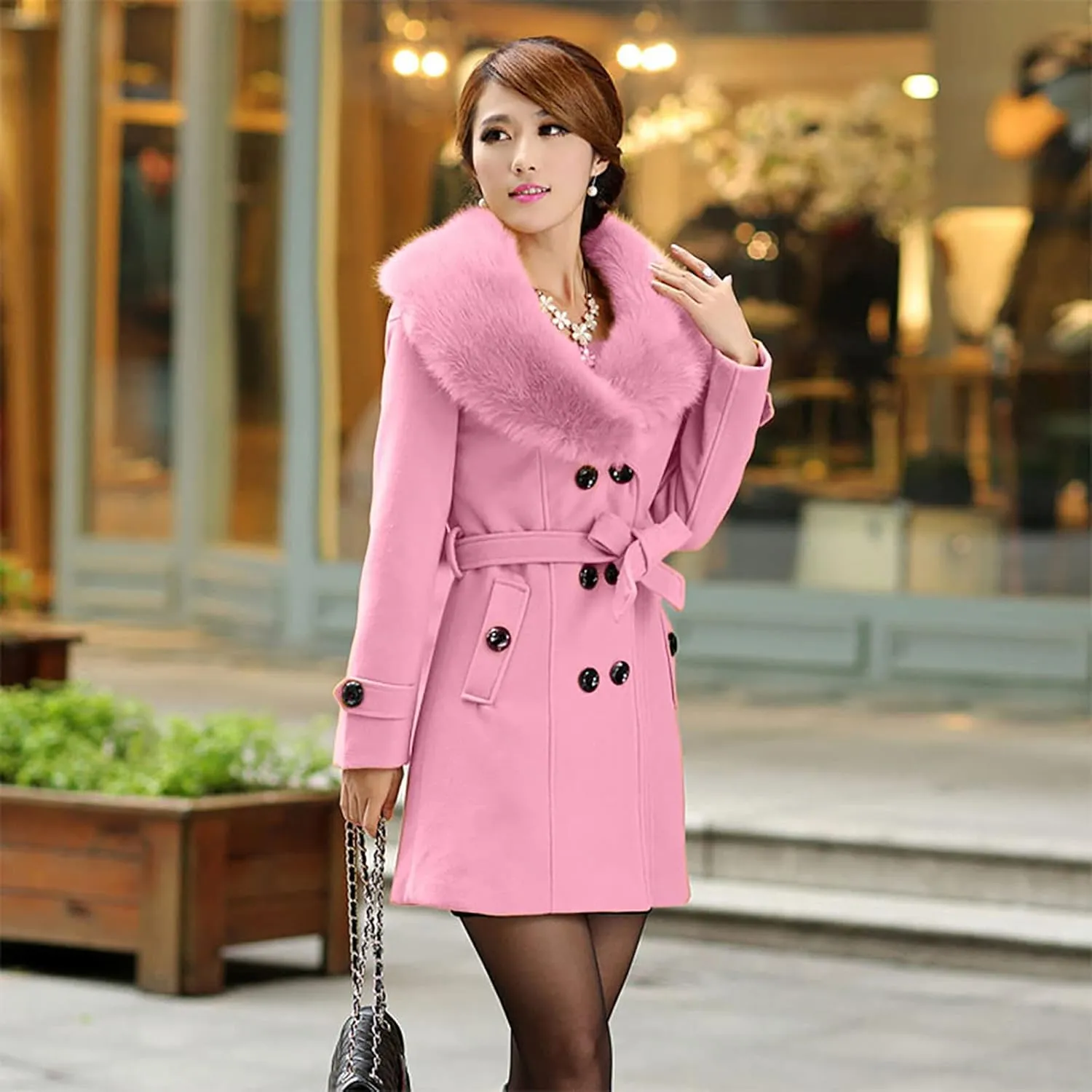 tuduoms Womens Double Breasted Trench Coat Classic Belted Long Pea Coat Elegant Notched Collar Wool Overcoat with Fur Collar