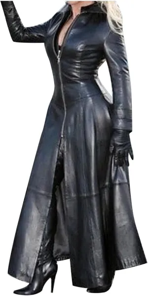 tuduoms Womens Faux Leather Trench Coat Fashion Sexy Zip Up Motocycle Long Jackets Windbreaker Slim Fit Maxi Winter Over Coat