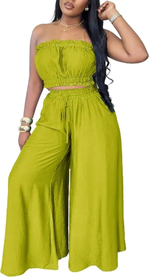 Two Piece Sets for Women Summer Outfits Crop Tops and Wide Leg Pants Sets Sexy Jumpsuits Vacation Outfits with Pockets