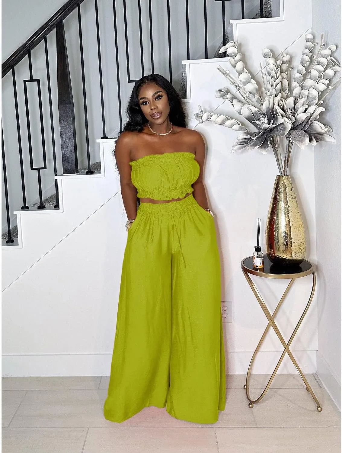 Two Piece Sets for Women Summer Outfits Crop Tops and Wide Leg Pants Sets Sexy Jumpsuits Vacation Outfits with Pockets