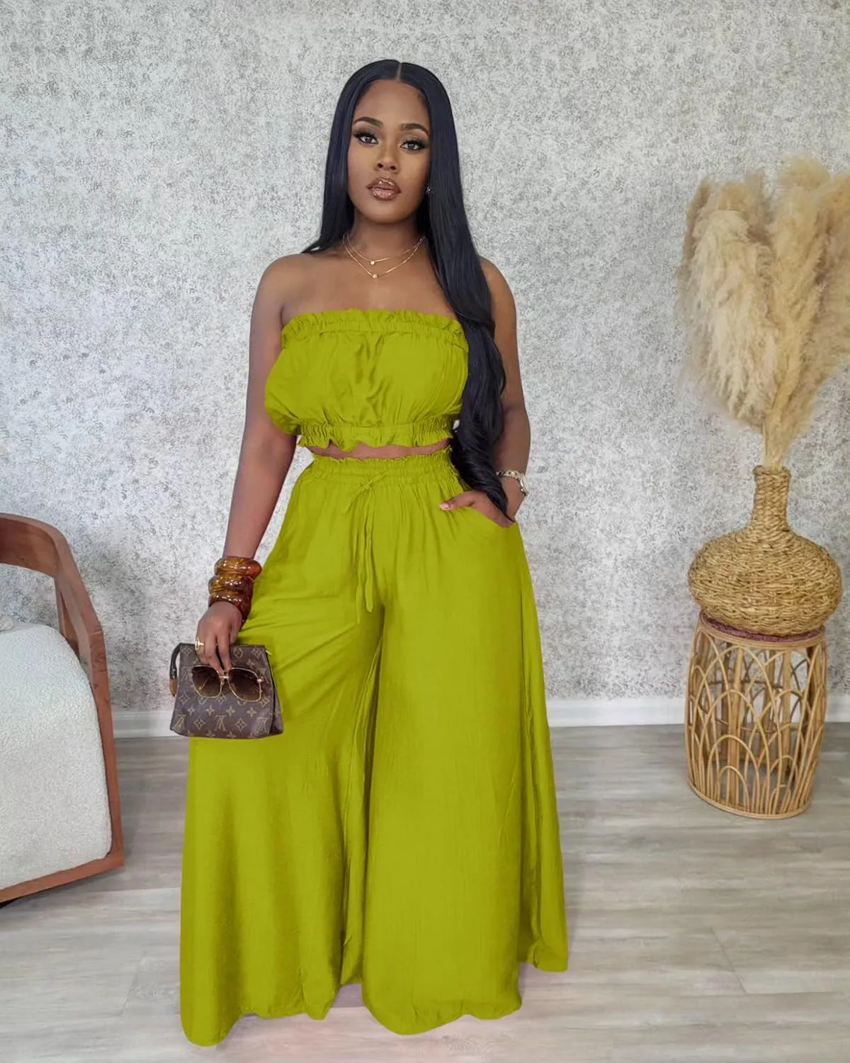 Two Piece Sets for Women Summer Outfits Crop Tops and Wide Leg Pants Sets Sexy Jumpsuits Vacation Outfits with Pockets