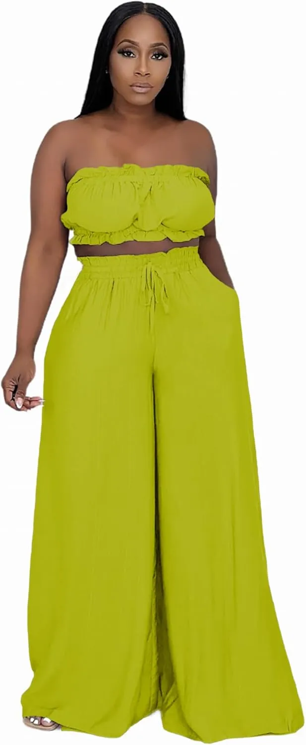 Two Piece Sets for Women Summer Outfits Crop Tops and Wide Leg Pants Sets Sexy Jumpsuits Vacation Outfits with Pockets