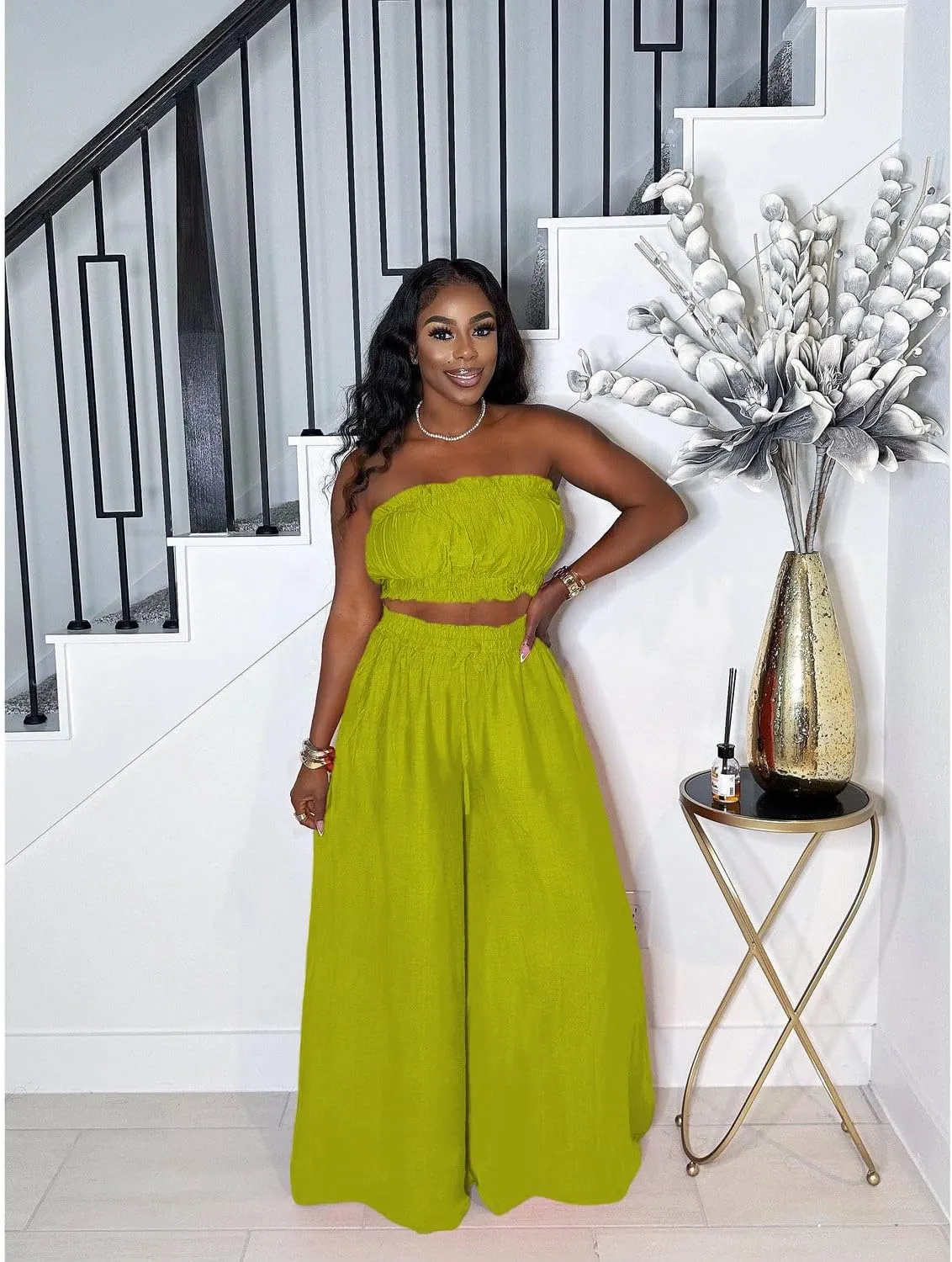 Two Piece Sets for Women Summer Outfits Crop Tops and Wide Leg Pants Sets Sexy Jumpsuits Vacation Outfits with Pockets