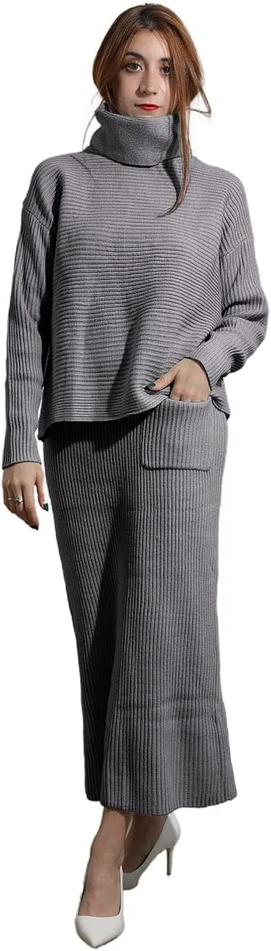 utcoco Women's Pullover Sweaters 2 Piece Outfits Long Sleeve Knit Pullover and Long Skirt Sweater Sets