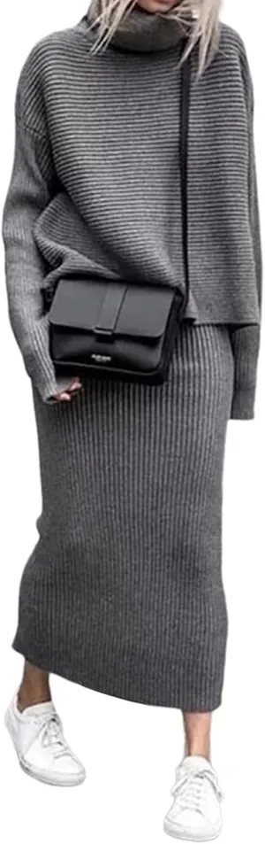 utcoco Women's Pullover Sweaters 2 Piece Outfits Long Sleeve Knit Pullover and Long Skirt Sweater Sets