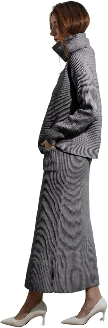 utcoco Women's Pullover Sweaters 2 Piece Outfits Long Sleeve Knit Pullover and Long Skirt Sweater Sets