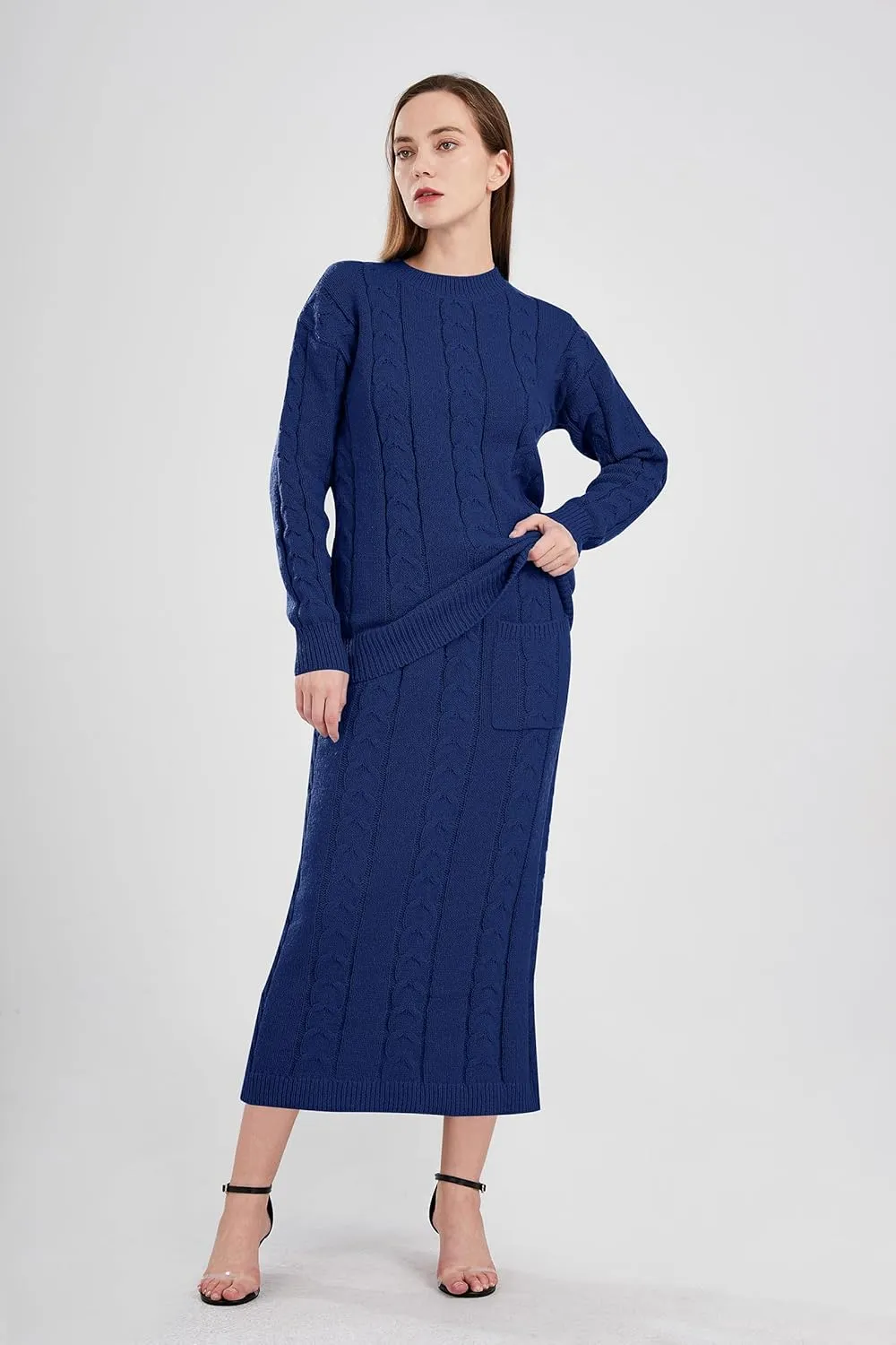 utcoco Womens Sweater Sets Winter Chunky Cable Knit 2 Piece Outfits Sweater Skirt Set