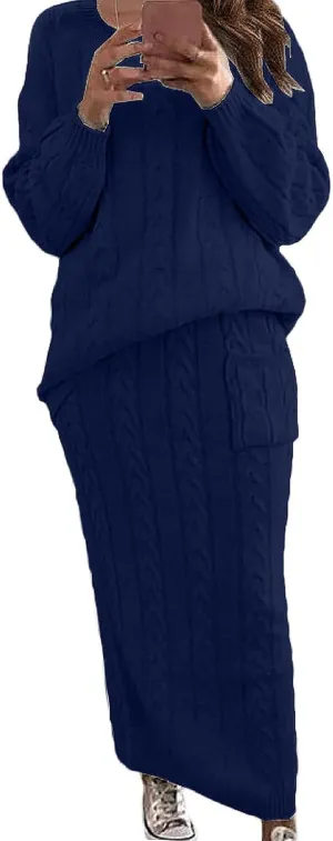 utcoco Womens Sweater Sets Winter Chunky Cable Knit 2 Piece Outfits Sweater Skirt Set