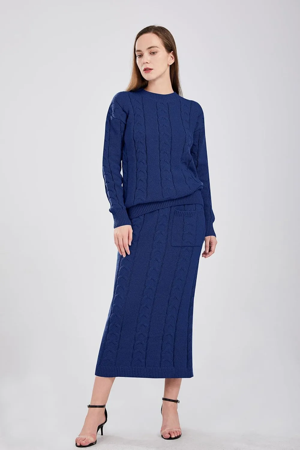 utcoco Womens Sweater Sets Winter Chunky Cable Knit 2 Piece Outfits Sweater Skirt Set