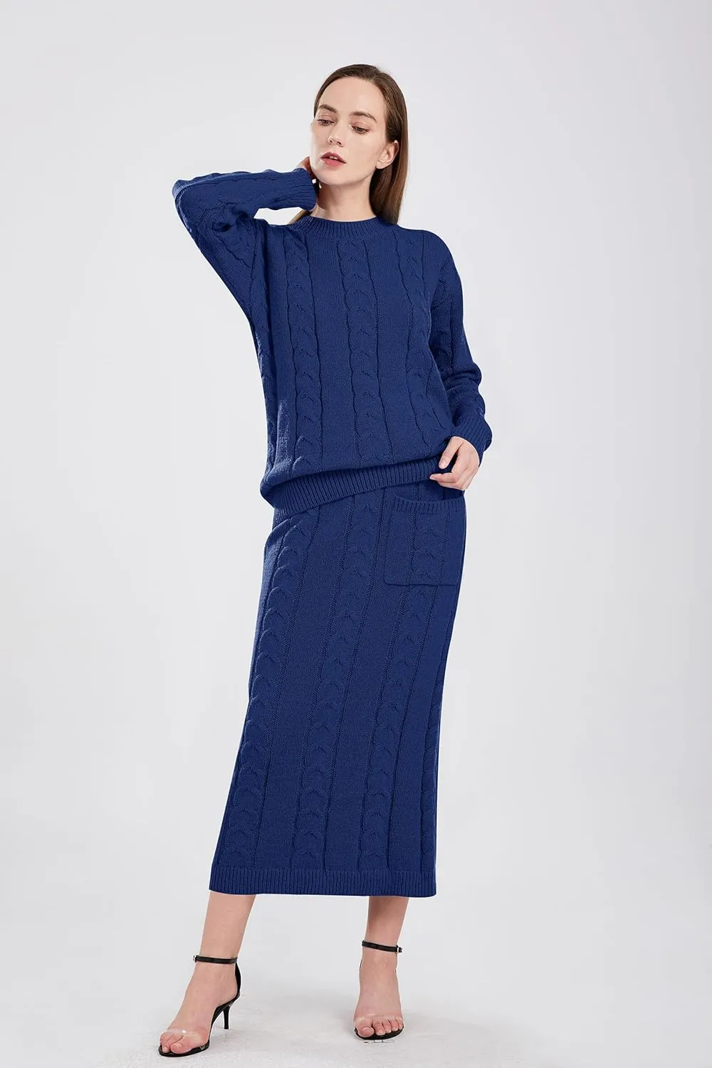 utcoco Womens Sweater Sets Winter Chunky Cable Knit 2 Piece Outfits Sweater Skirt Set