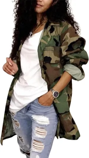 Vakkest Ripped Camo Jacket for Women Long Sleeve Casual Distressed Fray Fringe Hem Army Fatigue Trucker Outwear Coat