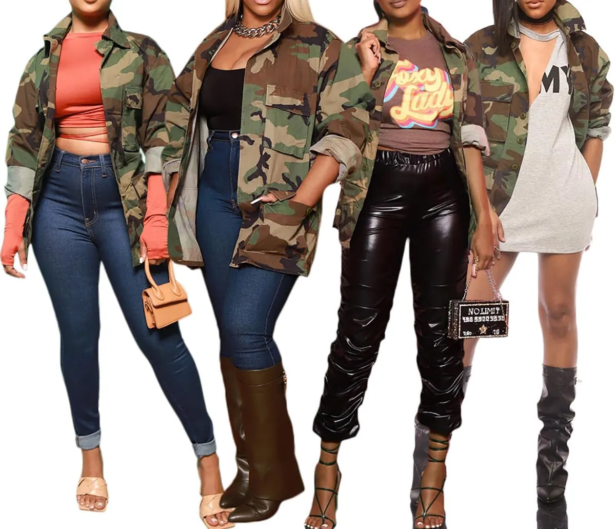 Vakkest Ripped Camo Jacket for Women Long Sleeve Casual Distressed Fray Fringe Hem Army Fatigue Trucker Outwear Coat