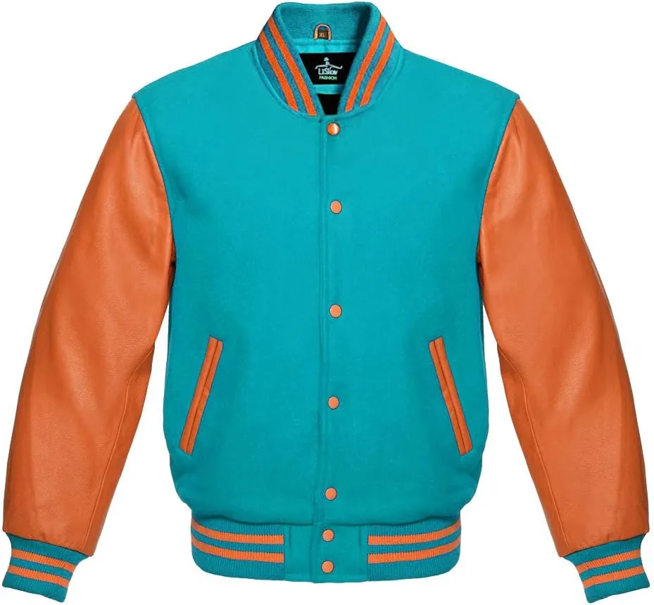 Varsity jacket Baseball Letterman Bomber School Collage Premium Wool and Genuine Orange Leather Sleeves Jacket