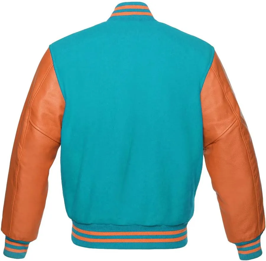 Varsity jacket Baseball Letterman Bomber School Collage Premium Wool and Genuine Orange Leather Sleeves Jacket