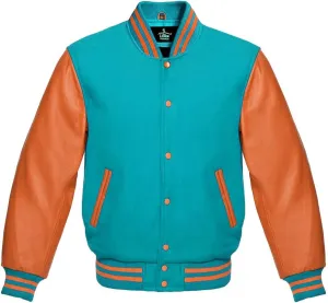 Varsity jacket Baseball Letterman Bomber School Collage Premium Wool and Genuine Orange Leather Sleeves Jacket
