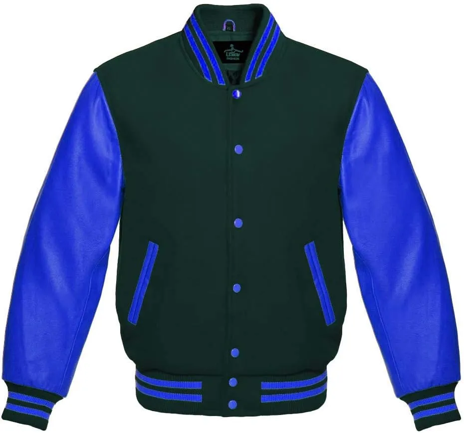Varsity Jacket Baseball Letterman Bomber School Premium Wool Royal blue Genuine leather sleeves