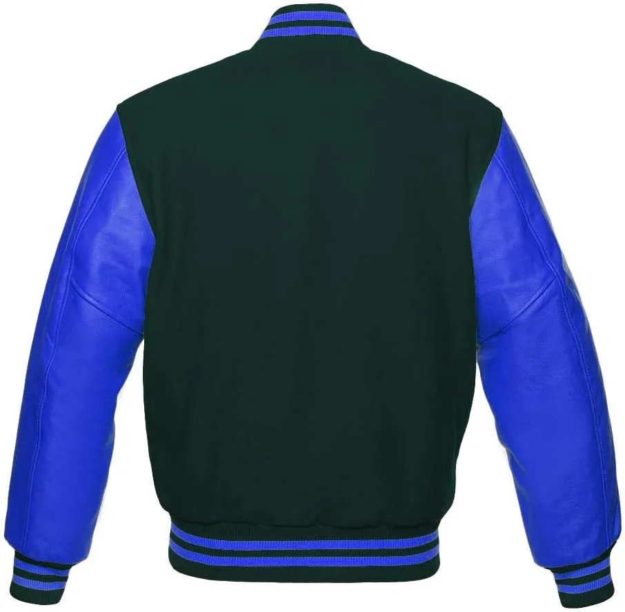 Varsity Jacket Baseball Letterman Bomber School Premium Wool Royal blue Genuine leather sleeves