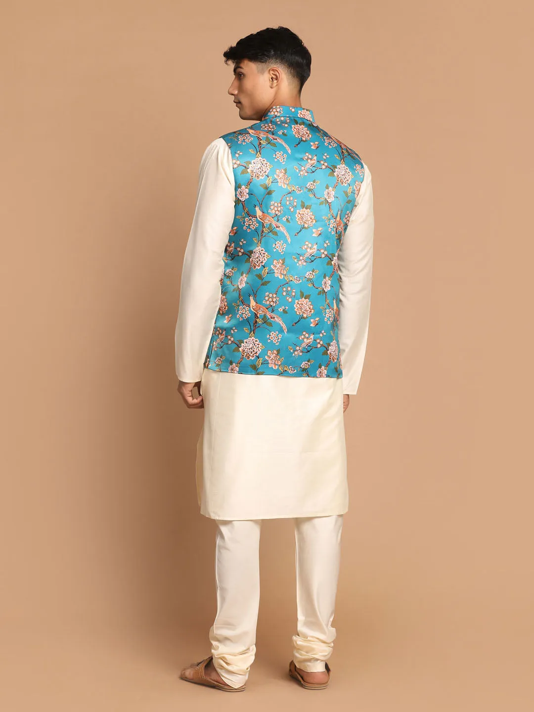 VASTRAMAY Turquoise Digital Printed Nehru Jacket