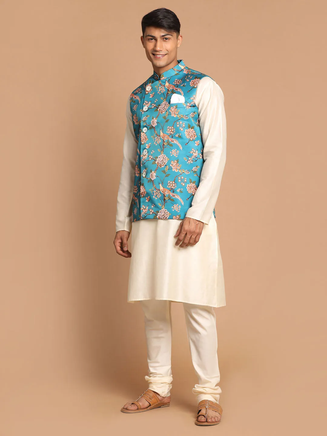VASTRAMAY Turquoise Digital Printed Nehru Jacket