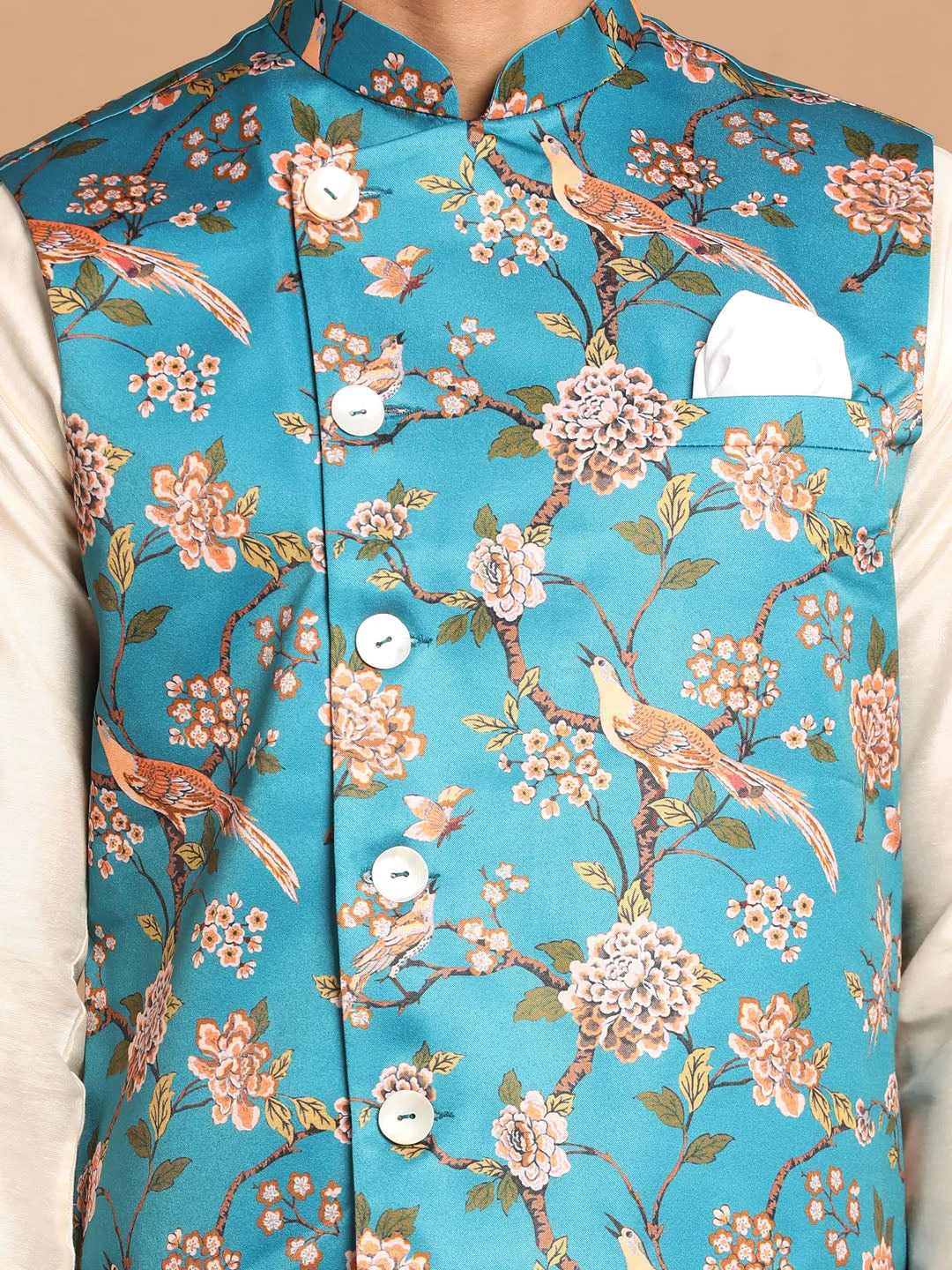 VASTRAMAY Turquoise Digital Printed Nehru Jacket