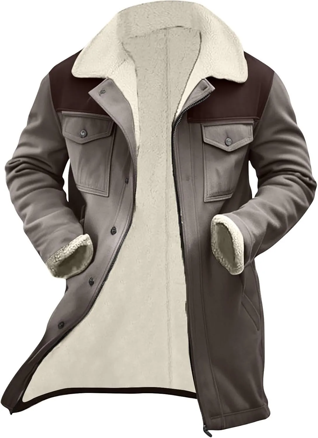 Vintage Suede Pocket Plush Reversed Collar Mens Outdoor Jacket Coat Retro Top Western Windbreaker Trench Coat